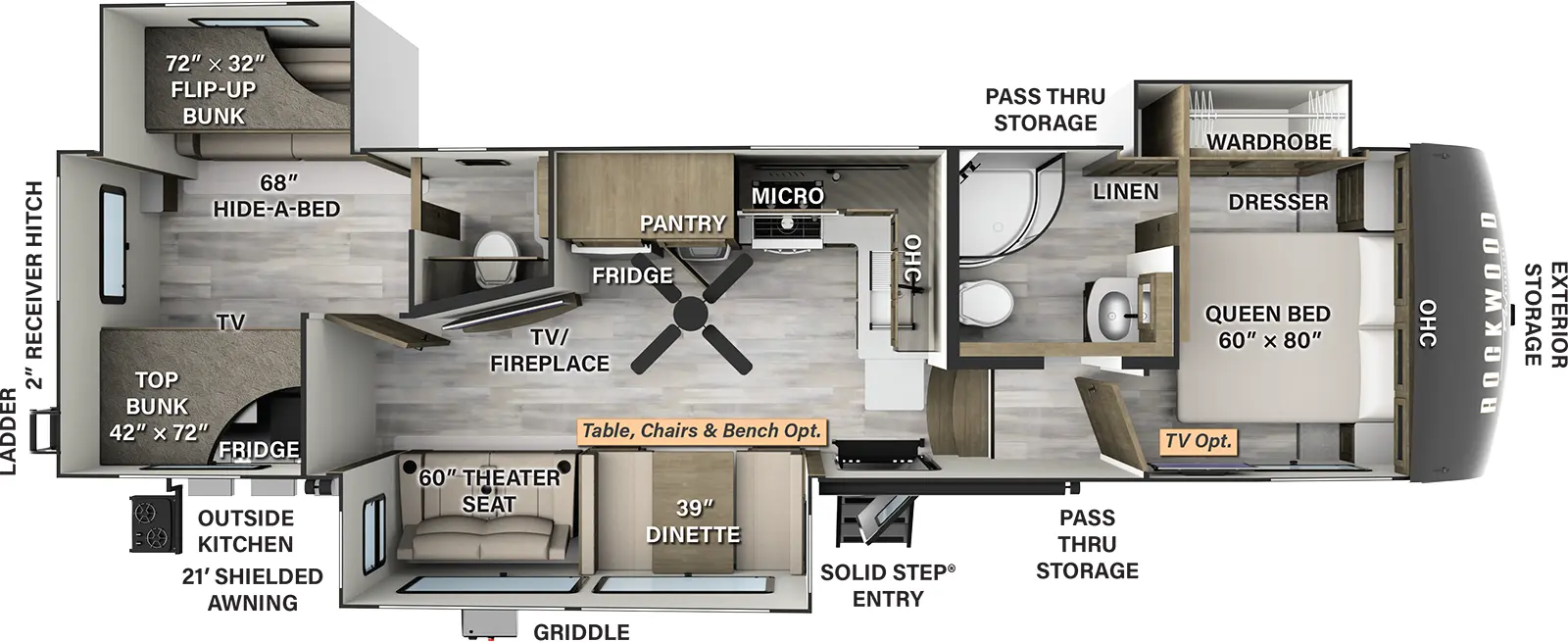 The 373BH has three slide outs and one entry door. Exterior features include a 21 foot shielded awning, solid-step-entry, outside kitchen with refrigerator, griddle, exterior storage, pass-thru storage, rear ladder, and 2 inch receiver hitch. Interior layout front to back: foot-facing queen bed with overhead cabinet, dresser, and off-door side slide out with wardrobe and linen closet (optional TV); side aisle full pass through bathroom; steps down to main living area; kitchen counter with sink and overhead cabinet wraps from inner wall to off-door side with microwave, cooktop, pantry, paddle fan, and refrigerator; door side slideout with dinette (table,  chairs & bench optional) and theater seat across from an angled TV/fireplace; rear bunkhouse with off-door side half bathroom and slideout with hide-a-bed sofa below flip-up bunk, and door side top bunk with TV cabinet below.